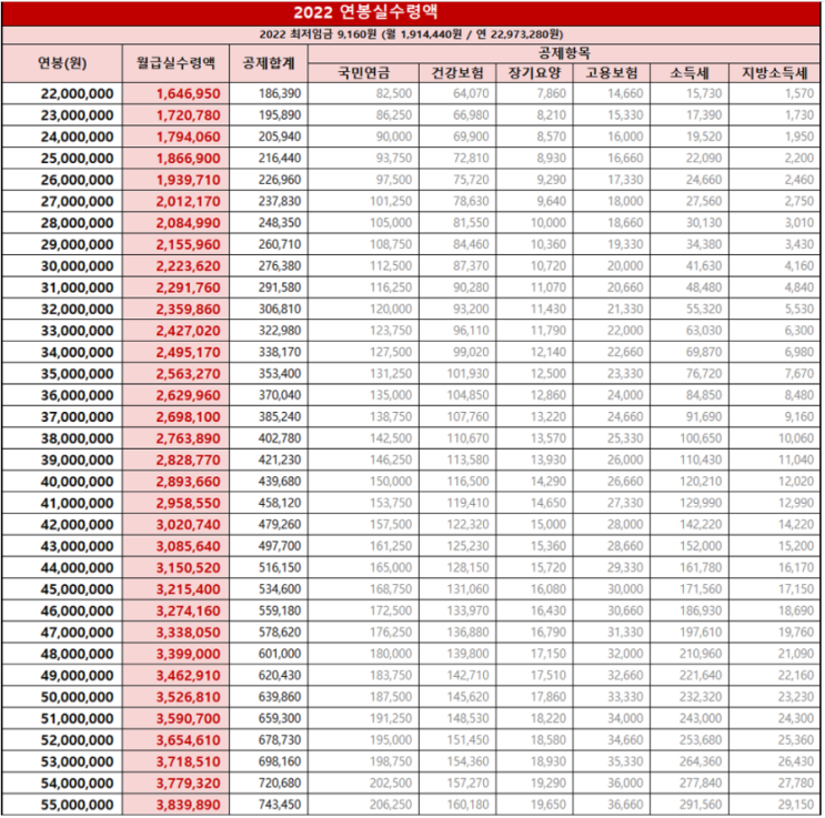 2022년 연봉 실수령액, 최저시급 총 정리 Simple!!(엑셀표, 세금, 공제항목 등)