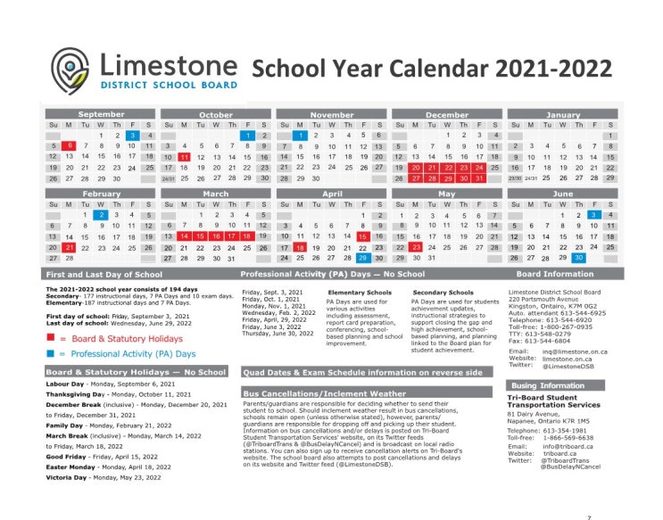  캐나다 킹스턴 학교 일정은?(School Year Calendar)