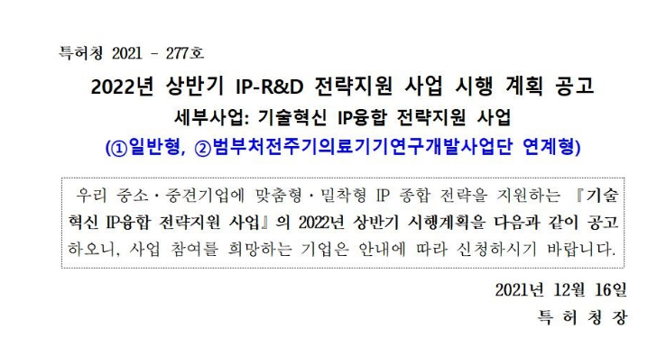 2022년 상반기 기술혁신 IP융합 전략지원사업 일반형ㆍ연계형 시행 계획 공고(IP-R&D 전략지원)_특허청 2022년 상반기 기술혁신 IP융합 전략지원사업 일반형ㆍ연계형 시행 계획 공고(IP-R&D 전략지원)_특허청