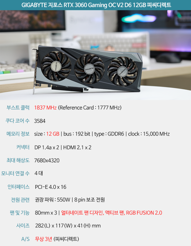 3팬 RTX 3060 그래픽카드 추천, 기가바이트 지포스 RTX 3060 Gaming OC V2 D6 12GB : 네이버 블로그