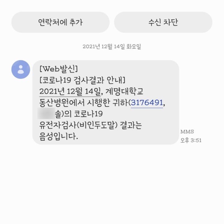  솔이 코로나 검사 결과 : 1차 : 2차 : 문자안내 : 수동감시자안내문