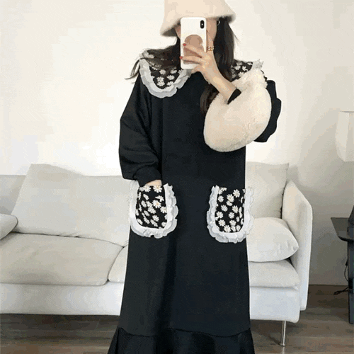  (당일배송)데이지 빅 카라 프릴 롱 원피스 80