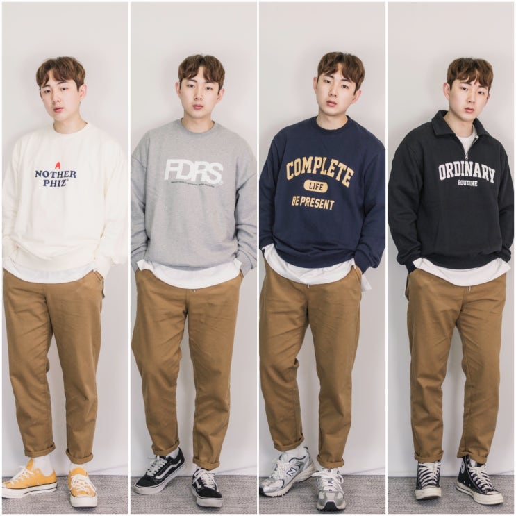  남자 베이지 바지 코디, 일상룩 맨투맨 색조합 4가지