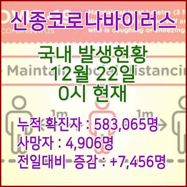  코로나19(코로나바이러스) 12월 22일 0시 신규확진자 7,456명 / 사망자 4,906명