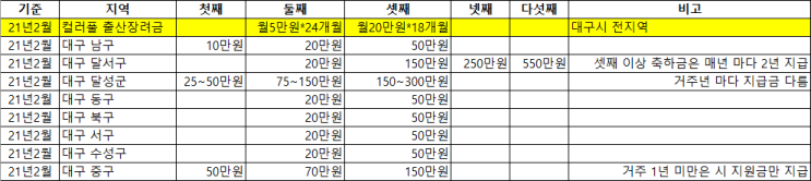  대구 지역별 출산지원금 정리표