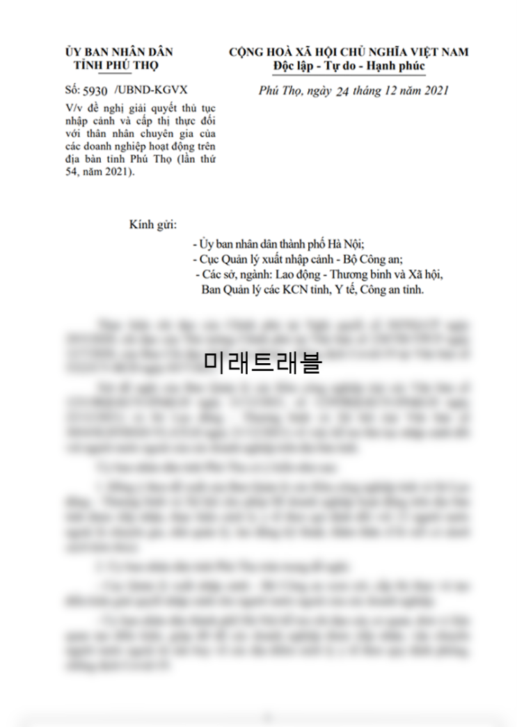 12월 24일 베트남 푸토 개별입국 승인서 12월 24일 베트남 푸토 개별입국 승인서