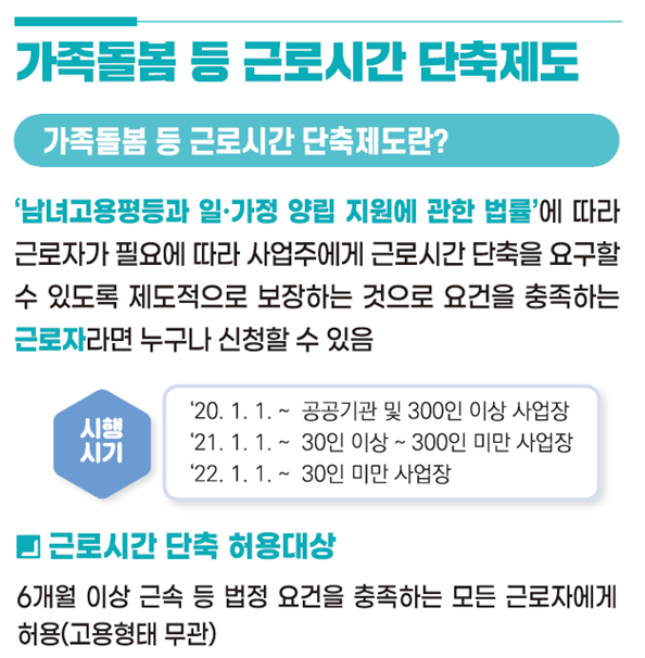 내년부터‘가족돌봄 등 근로시간 단축제도’ 1인 이상 사업장으로 확대 시행_고용노동부