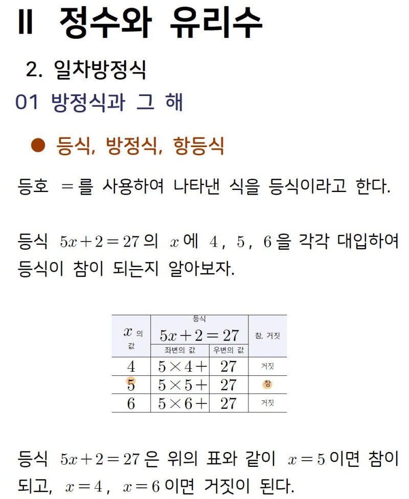중1 개념정리] 2. 정수와 유리수 (2) 일차방정식 : 네이버 블로그