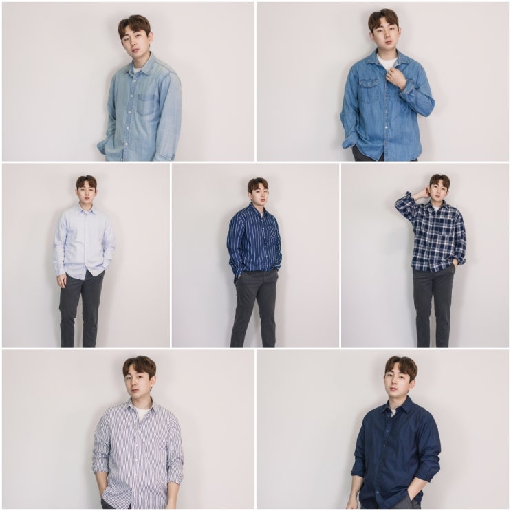남자 회색 슬랙스 코디, 블루 계열 셔츠 옷 색깔 조합 비교