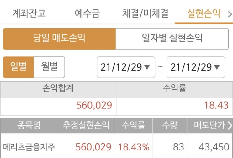  주식매매 메리츠금융지주 매도 후기 주가 신고가