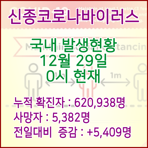  코로나19(코로나바이러스) 12월 29일 0시 신규확진자 5,409명 / 사망자 5,382명