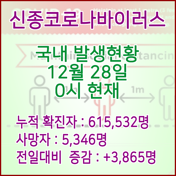  코로나19(코로나바이러스) 12월 28일 0시 신규확진자 3,865명 / 사망자 5,346명