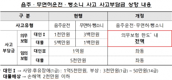 음주·무면허·뺑소니 보험금, 내년부터 가해자 '전액' 부담 음주·무면허·뺑소니 보험금, 내년부터 가해자 '전액' 부담