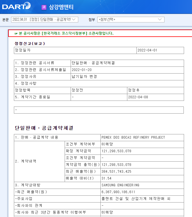 삼강엠앤티 / 단일판매ㆍ공급계약체결 삼강엠앤티 / 단일판매ㆍ공급계약체결