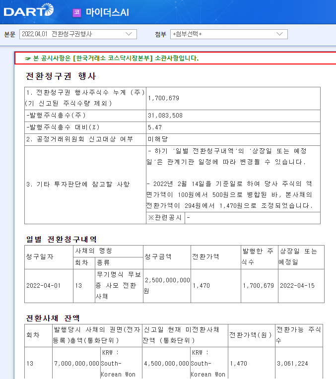 마이더스AI / 전환청구권행사