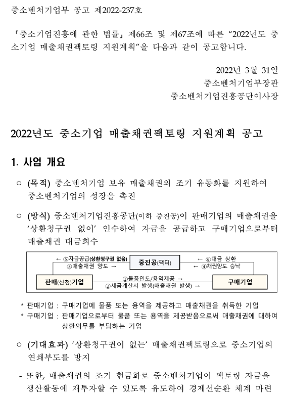 2022년 중소기업 매출채권 팩토링 지원계획 공고_중소벤처기업부