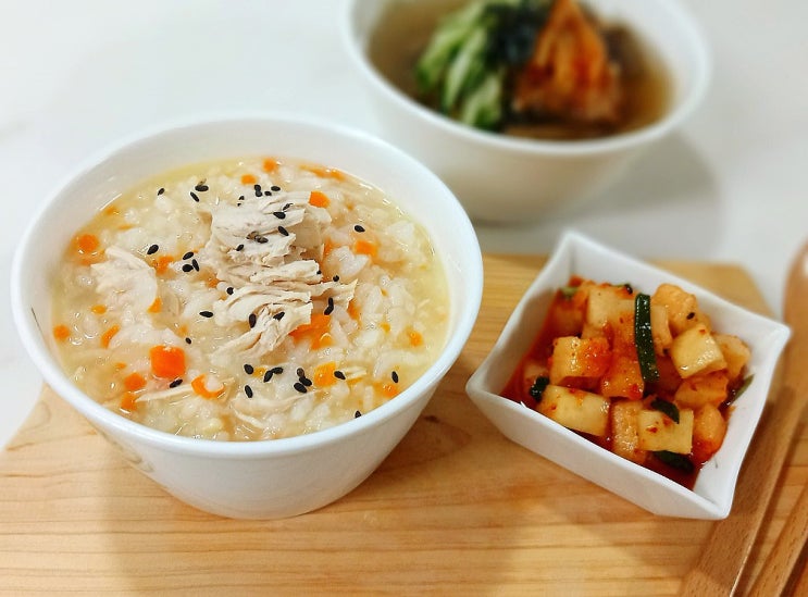  닭가슴살 죽 끓이는 법 아침 간편식 아기 닭죽 만들기