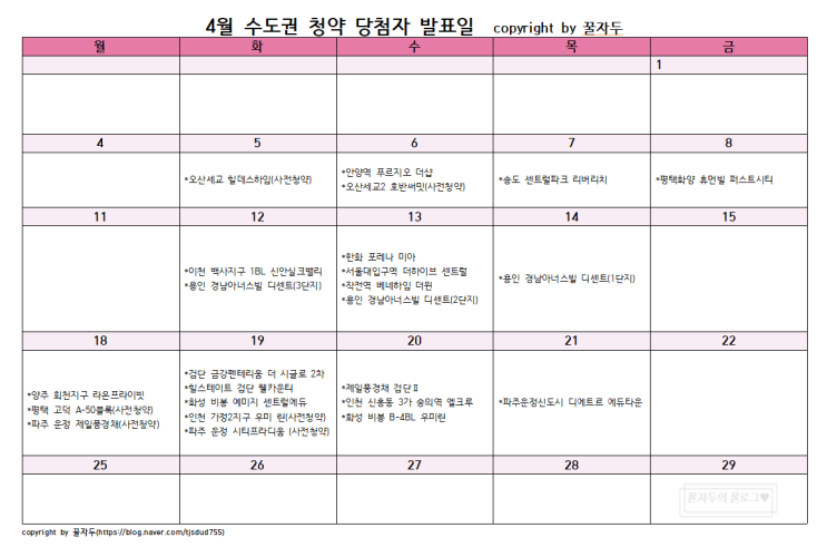 4월 청약 당첨자 발표일 완벽정리(서울, 인천, 경기 수도권) 4월 청약 당첨자 발표일 완벽정리(서울, 인천, 경기 수도권)