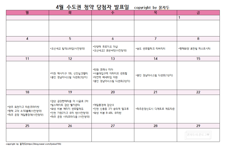 4월 청약 당첨자 발표일 완벽정리(서울, 인천, 경기 수도권)