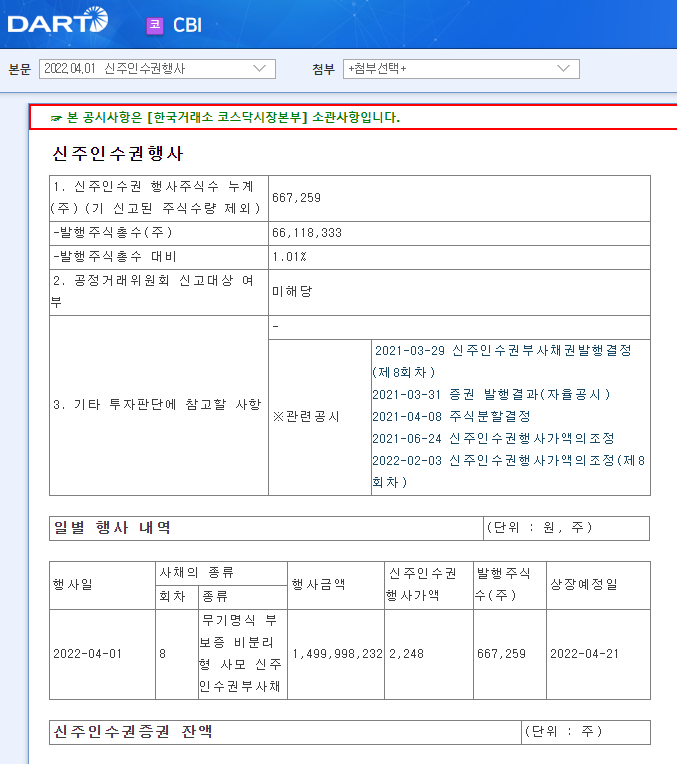 CBI / 신주인수권행사 CBI / 신주인수권행사