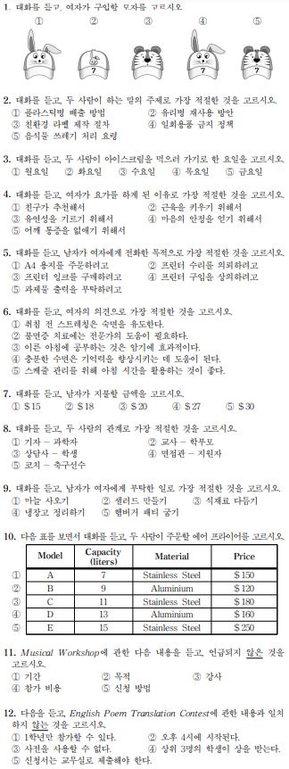  고1 전국영어듣기평가 2021년도 기출문제, 정답, 음원파일
