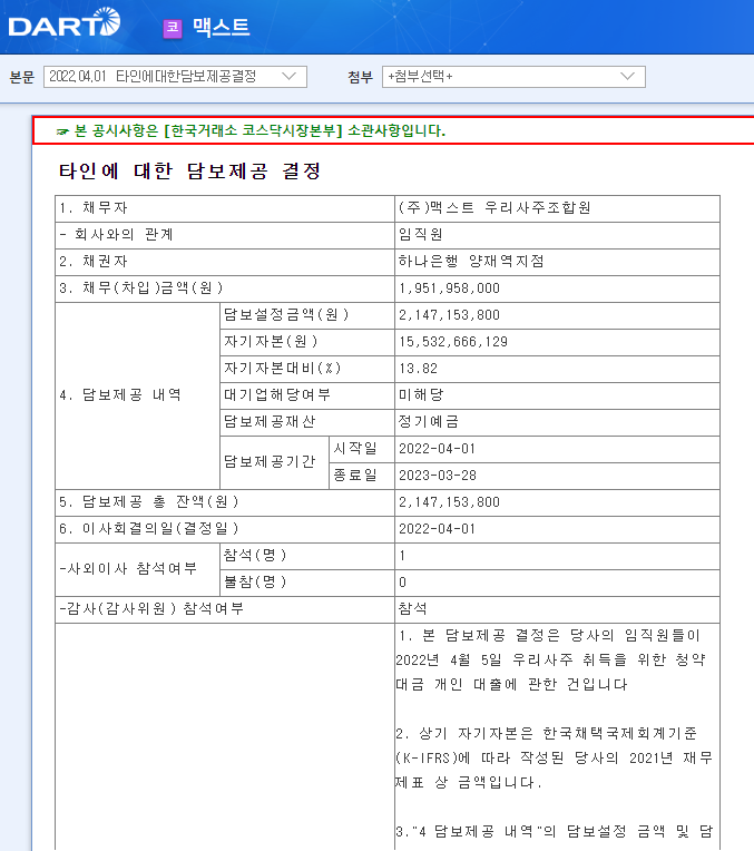 맥스트 / 타인에대한담보제공결정