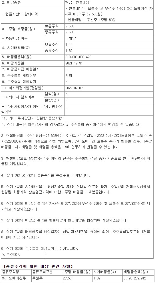  2021년 SK이노베이션 배당금 총액 시가배당율 기준일 우선주 에스케이 Innovation 096770 096775 DART