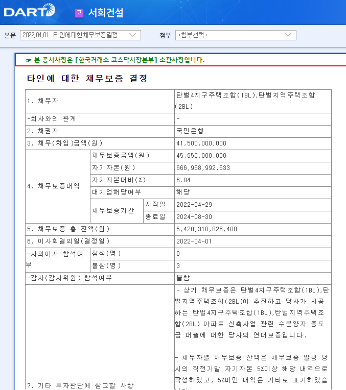 서희건설 / 타인에대한채무보증결정 서희건설 / 타인에대한채무보증결정
