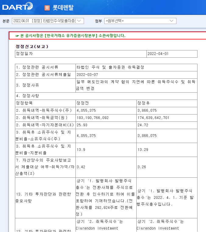 롯데렌탈 / 타법인주식및출자증권취득결정 롯데렌탈 / 타법인주식및출자증권취득결정