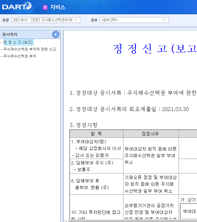 자비스 / 주식매수선택권부여에관한신고