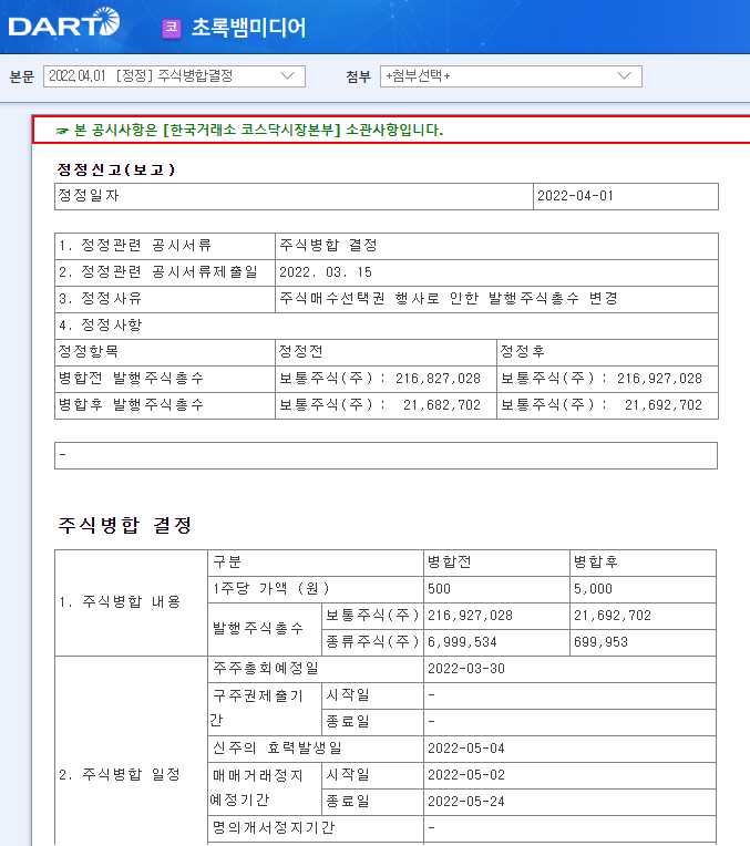 초록뱀미디어 / 주식병합결정 초록뱀미디어 / 주식병합결정
