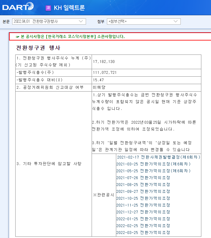 KH 일렉트론 / 전환청구권행사 KH 일렉트론 / 전환청구권행사