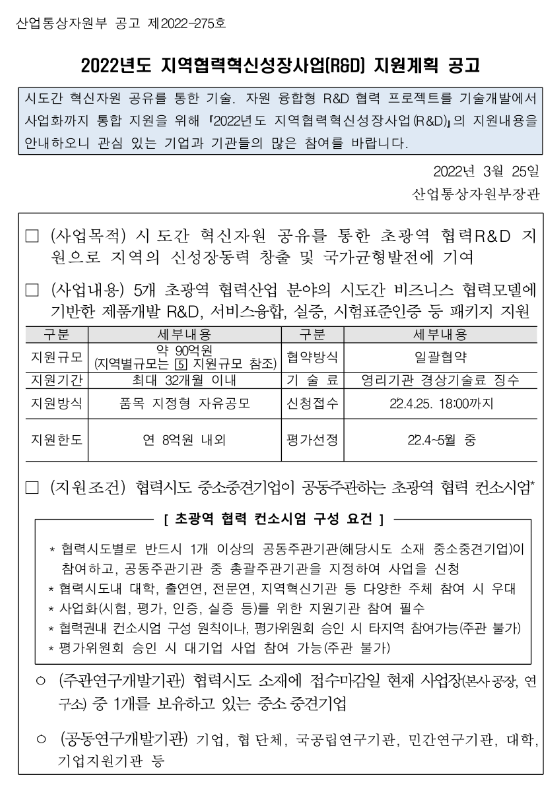 2022년 지역협력혁신성장사업(R&D) 지원계획 공고_산업통상자원부 2022년 지역협력혁신성장사업(R&D) 지원계획 공고_산업통상자원부