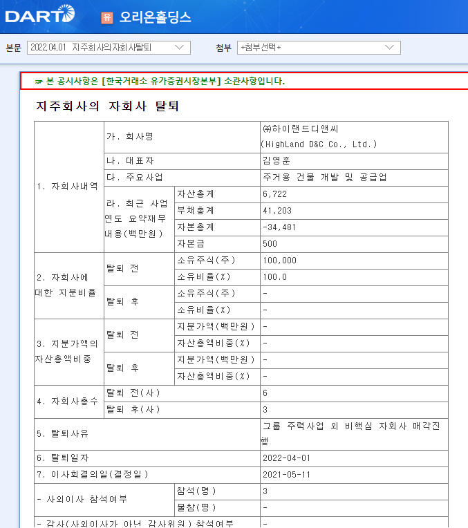 오리온홀딩스 / 지주회사의자회사탈퇴 오리온홀딩스 / 지주회사의자회사탈퇴