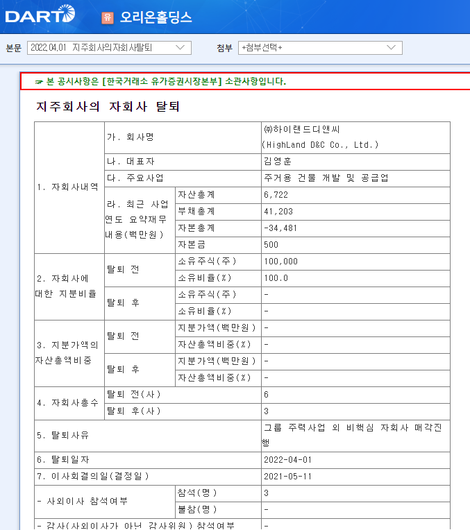 오리온홀딩스 / 지주회사의자회사탈퇴