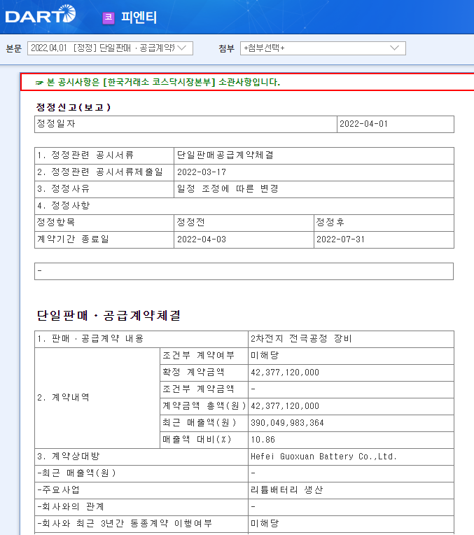 피엔티 / 단일판매ㆍ공급계약체결 피엔티 / 단일판매ㆍ공급계약체결