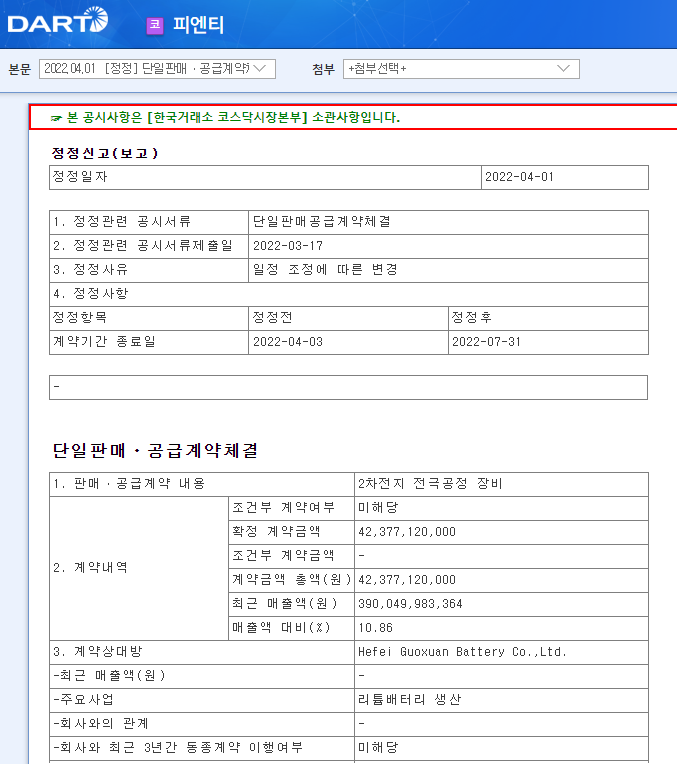 피엔티 / 단일판매ㆍ공급계약체결