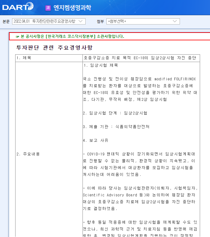 엔지켐생명과학 / 투자판단관련주요경영사항 엔지켐생명과학 / 투자판단관련주요경영사항