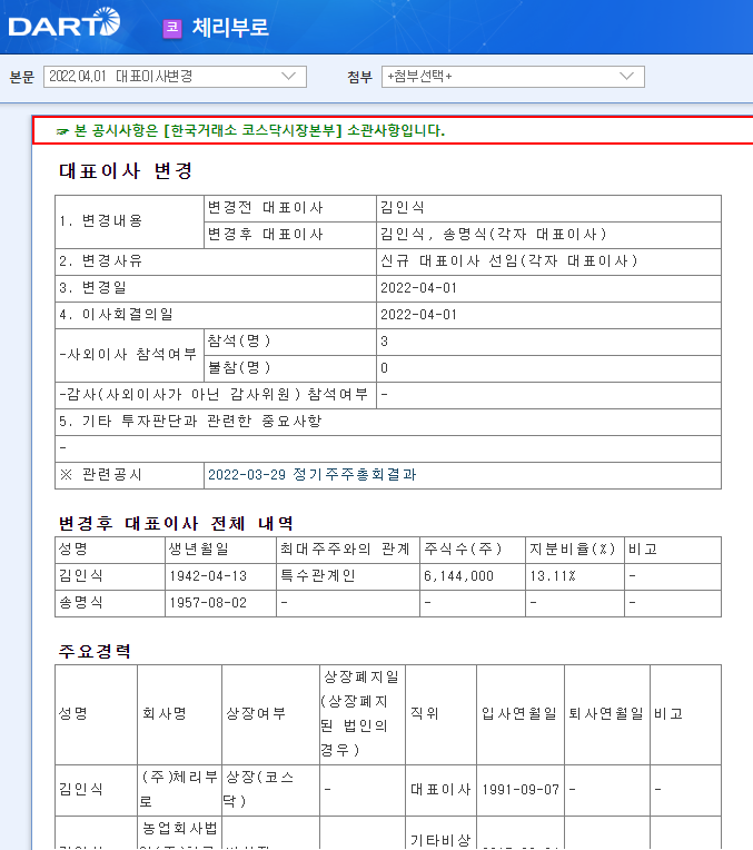 체리부로 / 대표이사변경 체리부로 / 대표이사변경