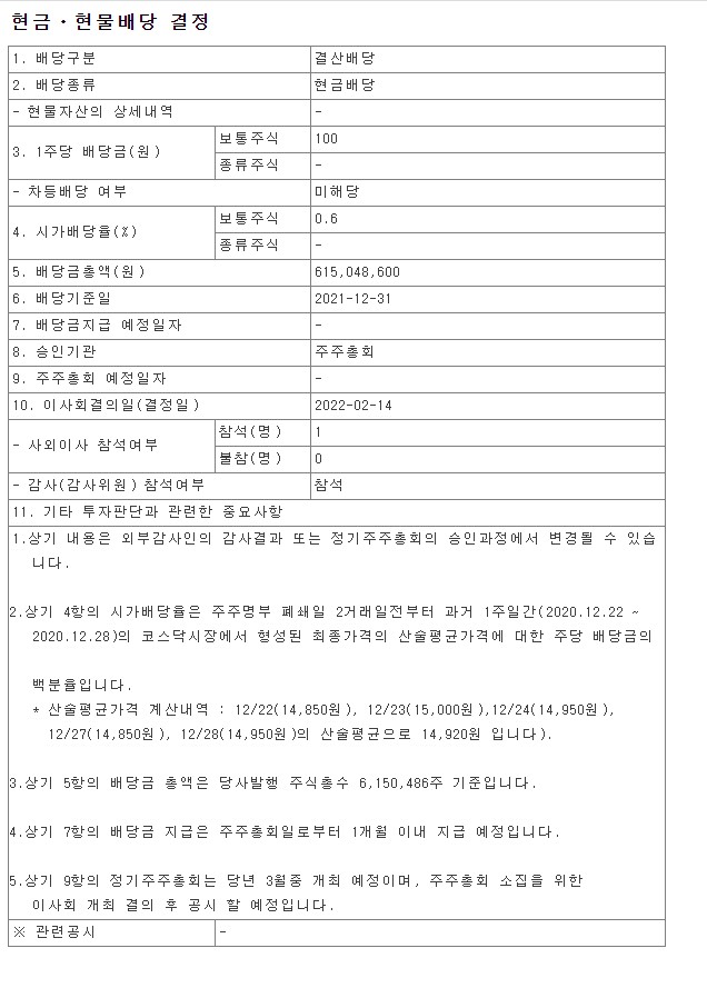  2021년 현대사료 배당금 총액 시가배당율 기준일 HYUNDAI FEED 016790 금융감독원 DART