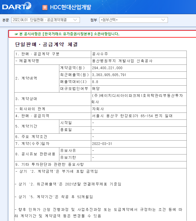 HDC현대산업개발 / 단일판매ㆍ공급계약체결 HDC현대산업개발 / 단일판매ㆍ공급계약체결