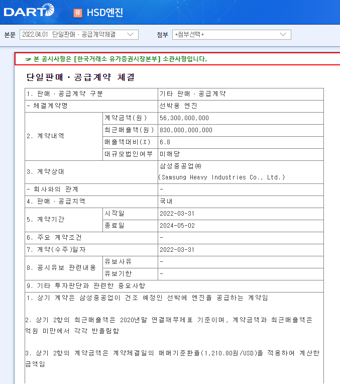 HSD엔진 / 단일판매ㆍ공급계약체결