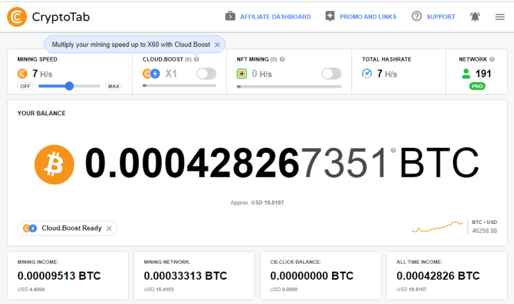크립토탭 CryptoTab 브라우저를 통한 비트코인 채굴 현황 및 채굴 네트워크 191명 (2022.04.03) 크립토탭 CryptoTab 브라우저를 통한 비트코인 채굴 현황 및 채굴 네트워크 191명 (2022.04.03)