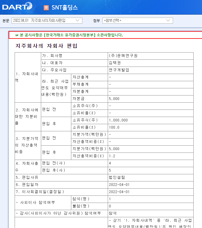 SNT홀딩스 / 지주회사의자회사편입 SNT홀딩스 / 지주회사의자회사편입