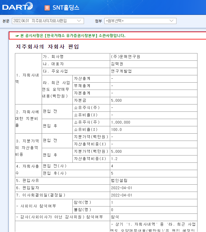 SNT홀딩스 / 지주회사의자회사편입