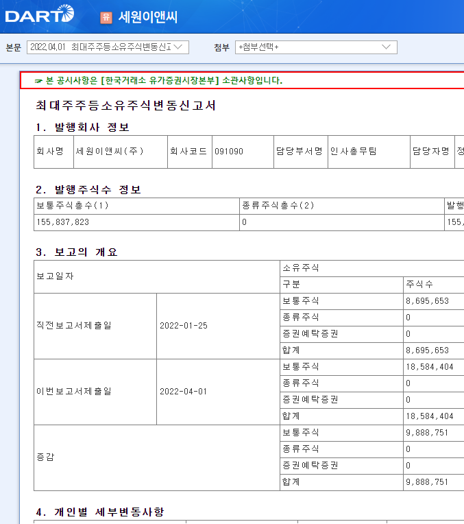세원이앤씨 / 최대주주등소유주식변동신고서 세원이앤씨 / 최대주주등소유주식변동신고서
