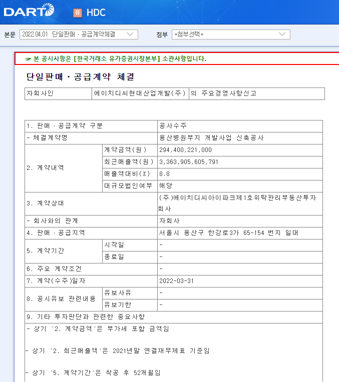 HDC / 단일판매ㆍ공급계약체결