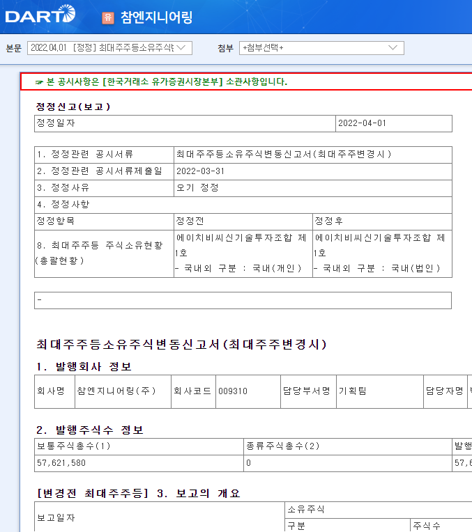 참엔지니어링 / 최대주주등소유주식변동신고서(최대주주변경시) 참엔지니어링 / 최대주주등소유주식변동신고서(최대주주변경시)
