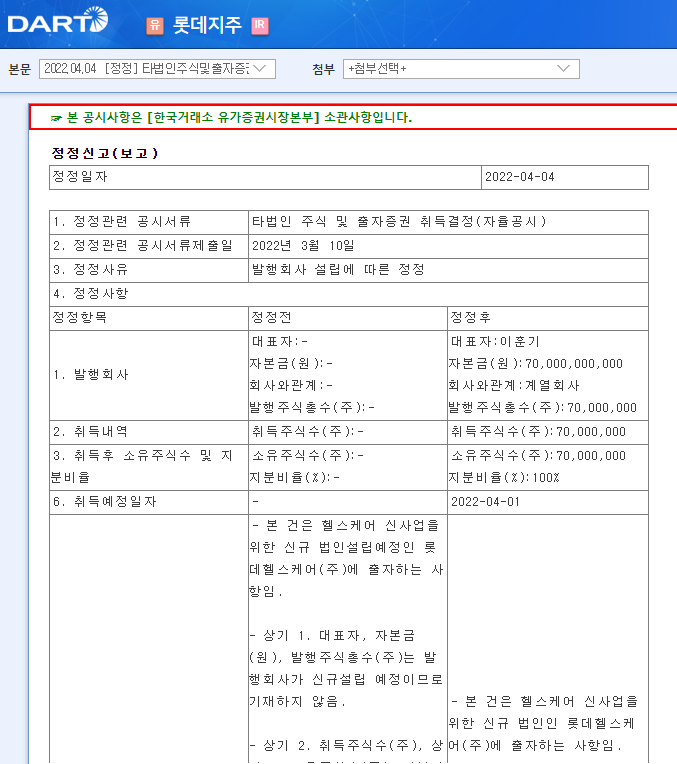 롯데지주 / 타법인주식및출자증권취득결정(자율공시)