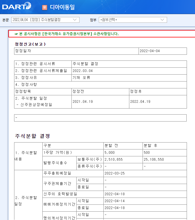 디아이동일 / 주식분할결정 디아이동일 / 주식분할결정